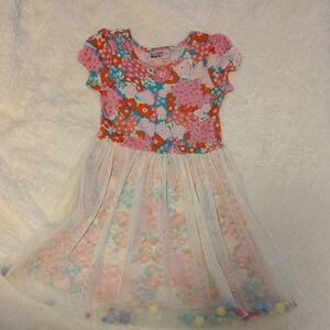 Floral Kids Dress with Tulle Pom Pom Skirt